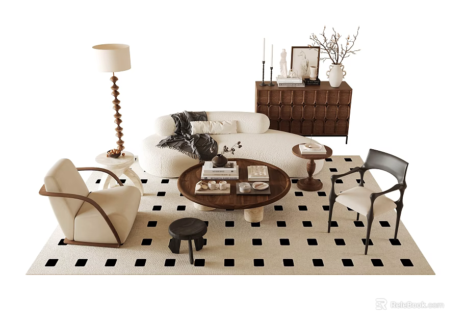 Modern Sofa and Coffee Table Set With Armchairs Checkered Rug Floor Lamp and Side Cabinet 3d model 