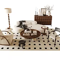 Modern Sofa and Coffee Table Set With Armchairs Checkered Rug Floor Lamp and Side Cabinet