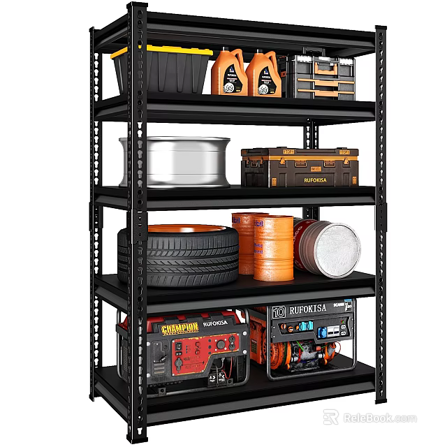 Heavy Duty Multi Tier Garage Storage Shelf With Tire Toolbox Oil Cans And Generator 3d model 