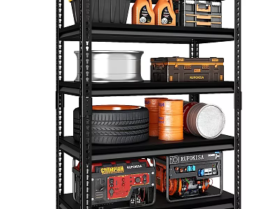 Heavy Duty Multi Tier Garage Storage Shelf With Tire Toolbox Oil Cans And Generator 3d model