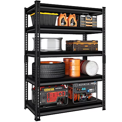 Heavy Duty Multi Tier Garage Storage Shelf With Tire Toolbox Oil Cans And Generator 3d model