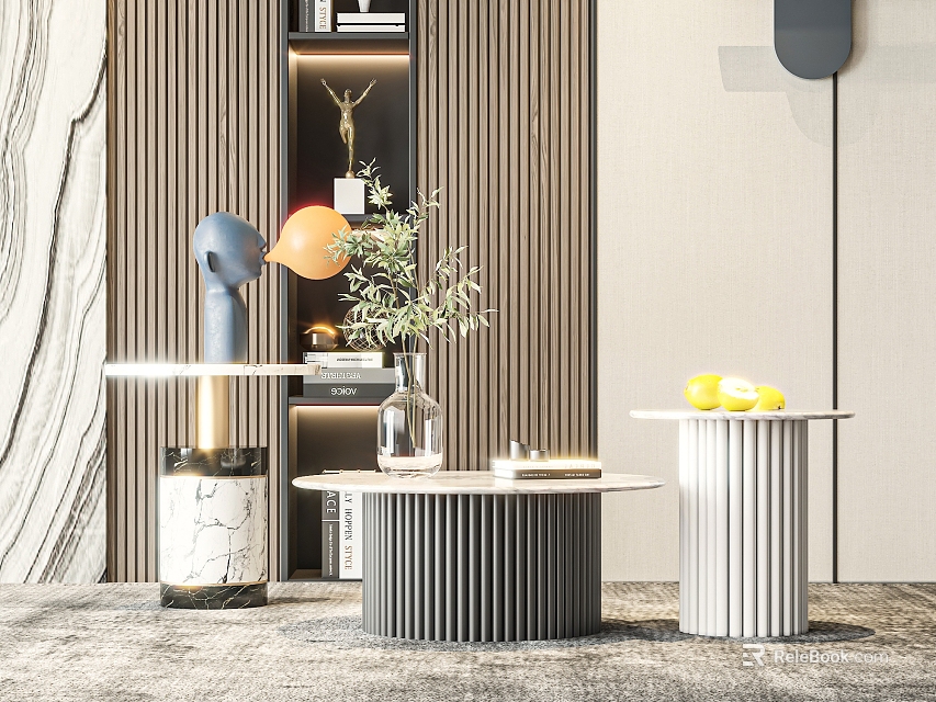 Modern Living Room Coffee Tables With Marble Top Ribbed Frame And Olive Plant Decor 3d model 