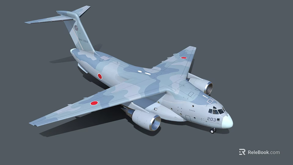Camouflage Painted Military Transport Aircraft With Twin Engines And Red Wing Insignia 3d model 