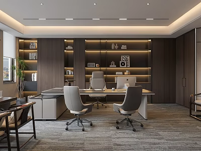 Modern Office Interior Design With Wooden Bookshelves Desk Computer Office Chairs And Carpet 3d model