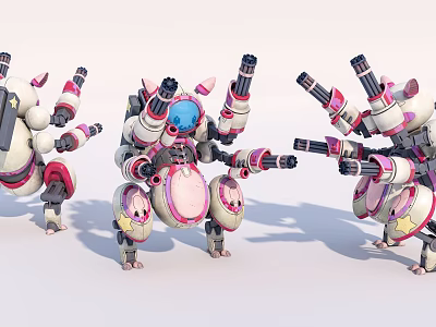 Smart Machine with Mechanical Arms and Cannon Parts in Pink Blue White Complex Design 3d model