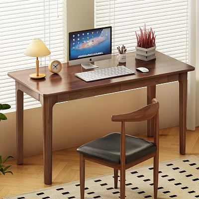 Wooden Home Office Desk and Chair Set with Computer Lamp Clock and Red Plant 3d model