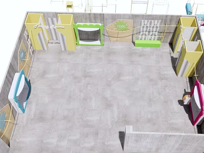 Colorful Clothing Store Interior With Yellow Green Pink Display Racks And Fitting Rooms 3d model