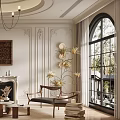 Elegant Living Room Interior Design With Round Ceiling Chandelier Wall Panels And Fireplace