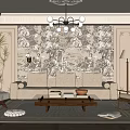French Cream Style Living Room Multi-person Fabric Sofa Casual Single Chair Coffee Table Combination Chandelier 3d model