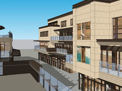 Commercial Street With Modern Multi Storey Buildings Balconies And Glass Railings 3d model
