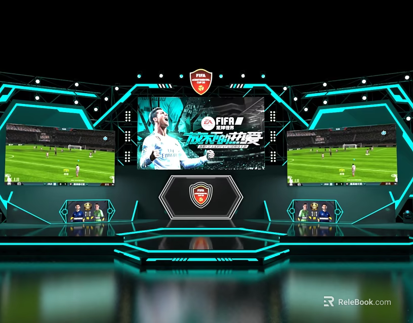 Modern Sports Event Stage With Multiple Screens Showing Football Match And Neon Lighting 3d model 