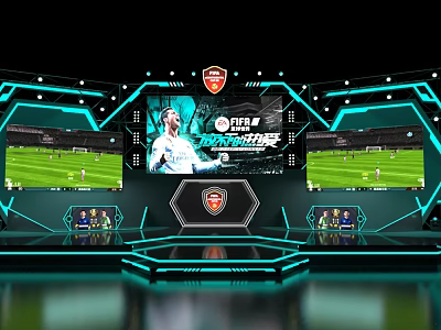 Modern Sports Event Stage With Multiple Screens Showing Football Match And Neon Lighting 3d model
