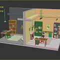Cartoon Interior Scene with Green Bookshelves Tables Chairs Books and Wall Decor in Study Area