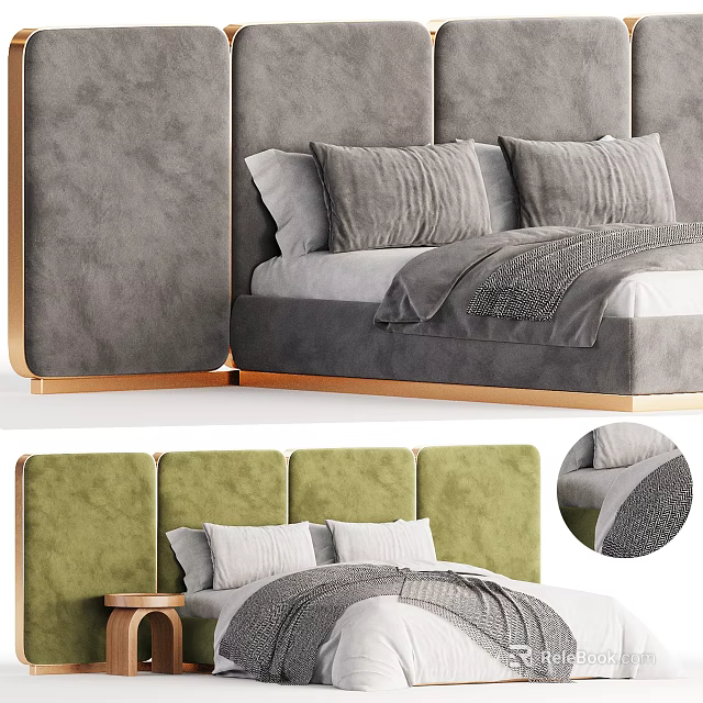 Modern Double Bed with Upholstered Gray Green Headboard Gold Accent Pillows and Soft Blanket Design 3d model 
