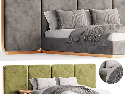 Modern Double Bed with Upholstered Gray Green Headboard Gold Accent Pillows and Soft Blanket Design 3d model