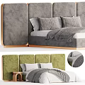 Modern Double Bed with Upholstered Gray Green Headboard Gold Accent Pillows and Soft Blanket Design