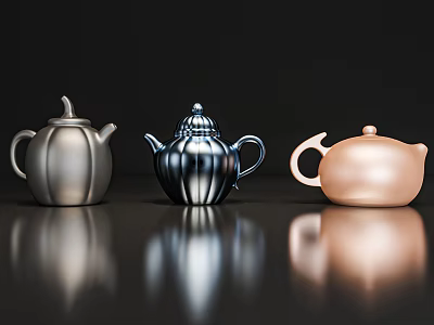 Modern Metallic Silver Blue and Pink Teapots on Black Background with Reflections 3d model