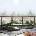 Karesansui Zen Garden With Curved Wooden Pavilion Gravel Ripples Stone Arrangements And Greenery