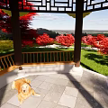 Chinese Pavilion Garden Landscape With Trimmed Hedges Tulip Flowers And Red Trees