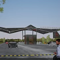 Modern Entrance Gate Design With Cars People Trees Blue Sky And Driveway