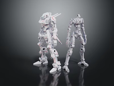 Two White Mechanical Robots in Standing Pose with Intricate Joints on Black Reflective Background 3d model