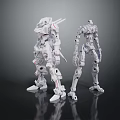 Two White Mechanical Robots in Standing Pose with Intricate Joints on Black Reflective Background 3d model