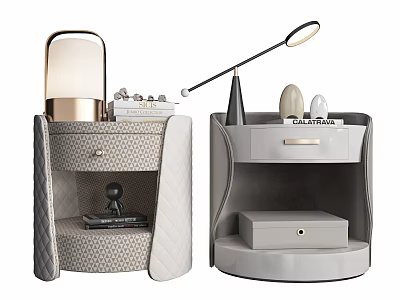 Modern Upholstered and Leather Bedside Tables with Drawers Open Shelves Table Lamps Decorative Items 3d model