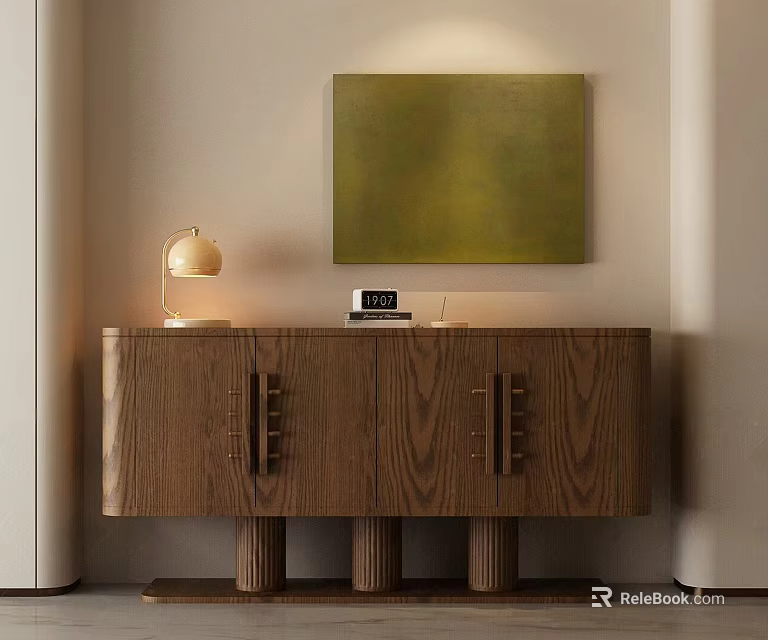Modern Wooden Entryway Console Table With Table Lamp And Green Artwork 3d model