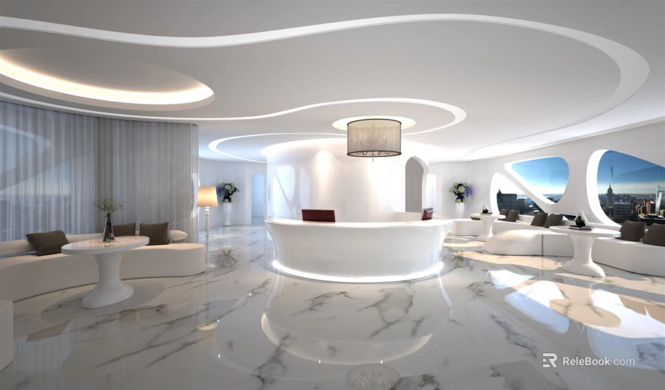 White Lounge Area Interior Design With Marble Floor Round Reception Desk And Sofa 3d model 