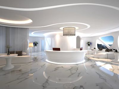 White Lounge Area Interior Design With Marble Floor Round Reception Desk And Sofa 3d model