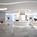 White Lounge Area Interior Design With Marble Floor Round Reception Desk And Sofa