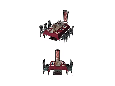 Traditional Chinese Dining Table Set With Red Tablecloth And Dark Decorative Chairs 3d model