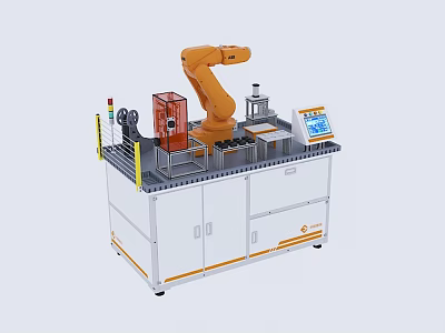 Industrial Equipment Workstation Featuring Orange Robotic Arm Control Panel And Display Screen 3d model