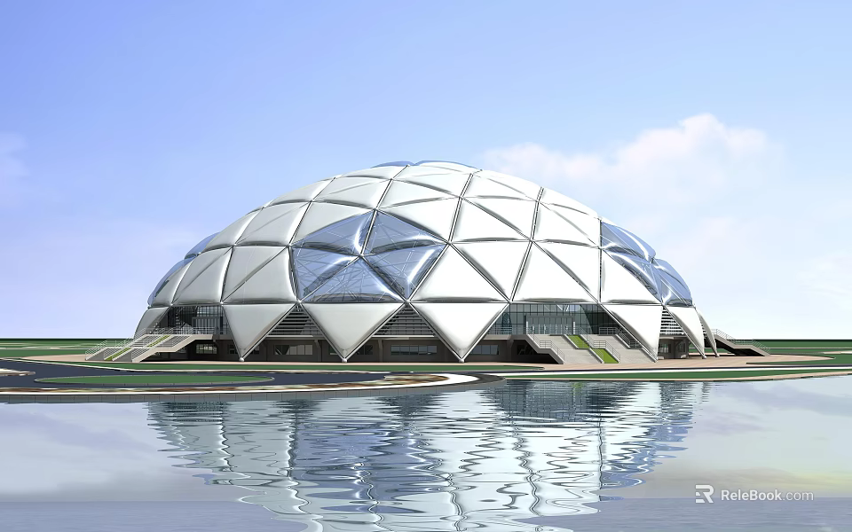 Modern Spherical Geodesic Dome Building With Water Reflection And Blue White Exterior 3d model 