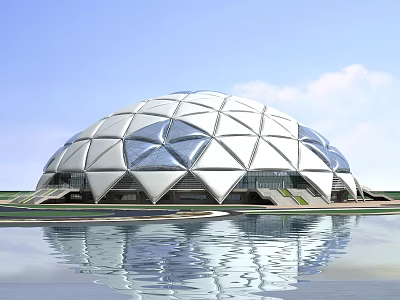 Modern Spherical Geodesic Dome Building With Water Reflection And Blue White Exterior 3d model