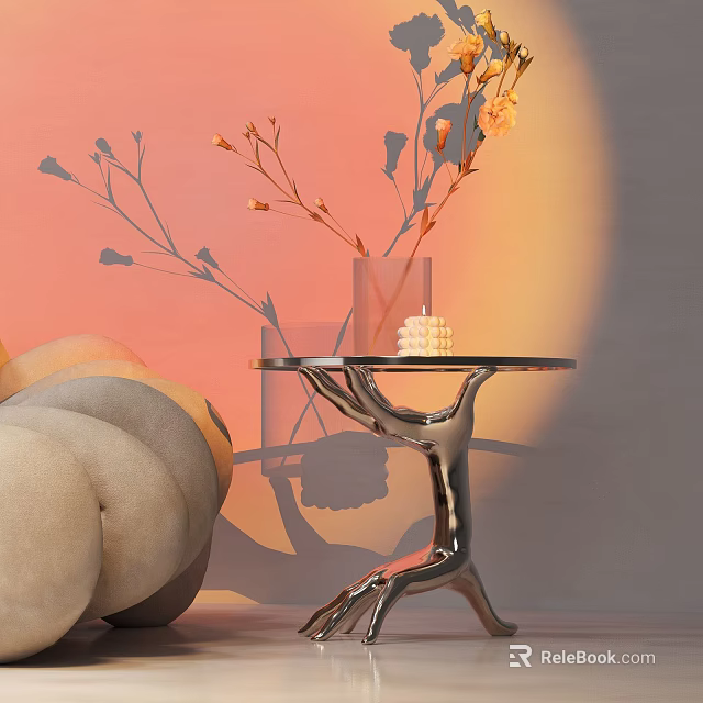 Modern Metallic Side Table With Curved Legs Transparent Vase Yellow Flowers White Candle Beige Sofa 3d model 