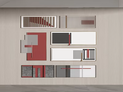 Modern Geometric Wall Decor With Red Gray White Panels On Wooden Surface 3d model