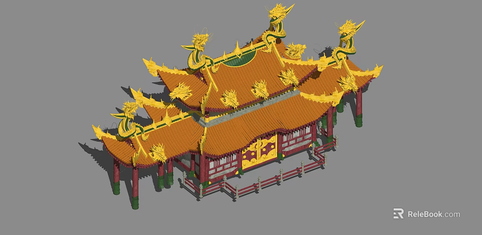 Traditional Ancient Chinese Architecture With Yellow Roof Red Pillars Dragon Ornaments And Multiple Eaves 3d model 