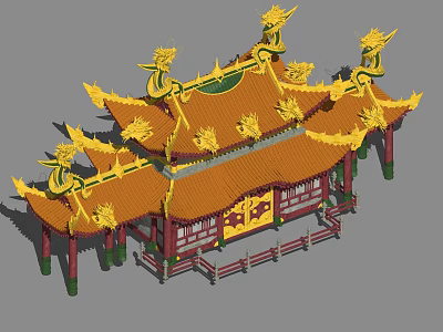 Traditional Ancient Chinese Architecture With Yellow Roof Red Pillars Dragon Ornaments And Multiple Eaves 3d model