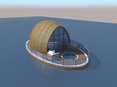 Wooden House on Water with Domed Thatched Roof Glass Walls Railed Deck Round Hot Tub 3d model