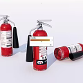 Red Fire Extinguishers With Labels Standing And Lying On White Surface