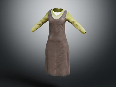 Brown Knitted Vest Dress With Yellow Long Sleeve Top And Fringed Hem 3d model