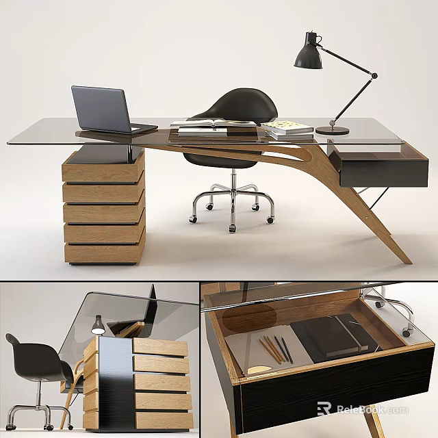 Modern Office Desk With Glass Top Wooden Structure Laptop Lamp And Black Chair 3d model 