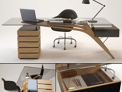 Modern Office Desk With Glass Top Wooden Structure Laptop Lamp And Black Chair 3d model