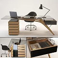 Modern Office Desk With Glass Top Wooden Structure Laptop Lamp And Black Chair