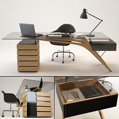 Modern Office Desk With Glass Top Wooden Structure Laptop Lamp And Black Chair 3d model