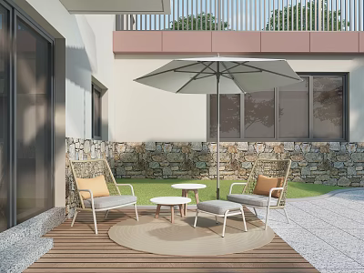 Outdoor Lounge Chairs With Umbrella And Tables On Wooden Deck Near Stone Wall And Lawn 3d model