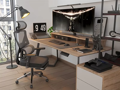 Modern Office Desk Setup With Computer Monitor Ergonomic Chair Floor Lamp Green Plant And Bookshelf 3d model