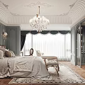 Elegant Classic Bedroom Interior With King Size Bed Crystal Chandelier Decorative Ceiling And Dark Curtains