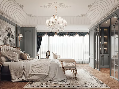 Elegant Classic Bedroom Interior With King Size Bed Crystal Chandelier Decorative Ceiling And Dark Curtains 3d model